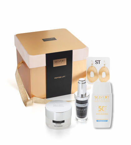 Peptide Lift ajándékcsomag Krém & Szérum Ajándékcsomag - Aranyszínű fülbevalóval + Hialuronsav tartalmú fényvédő emulzió arcra SPF 50+ fényvédelemmel